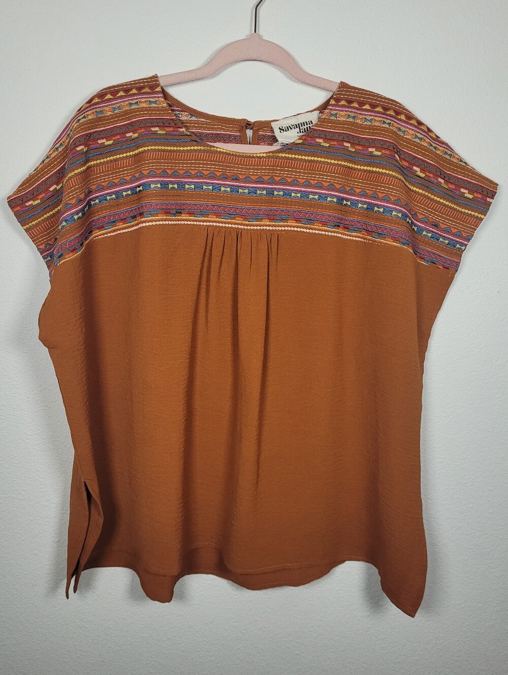 Savanna Jane S/M Southwestern Geometric Embroidered Yoke Blouse Rust Brown Boho